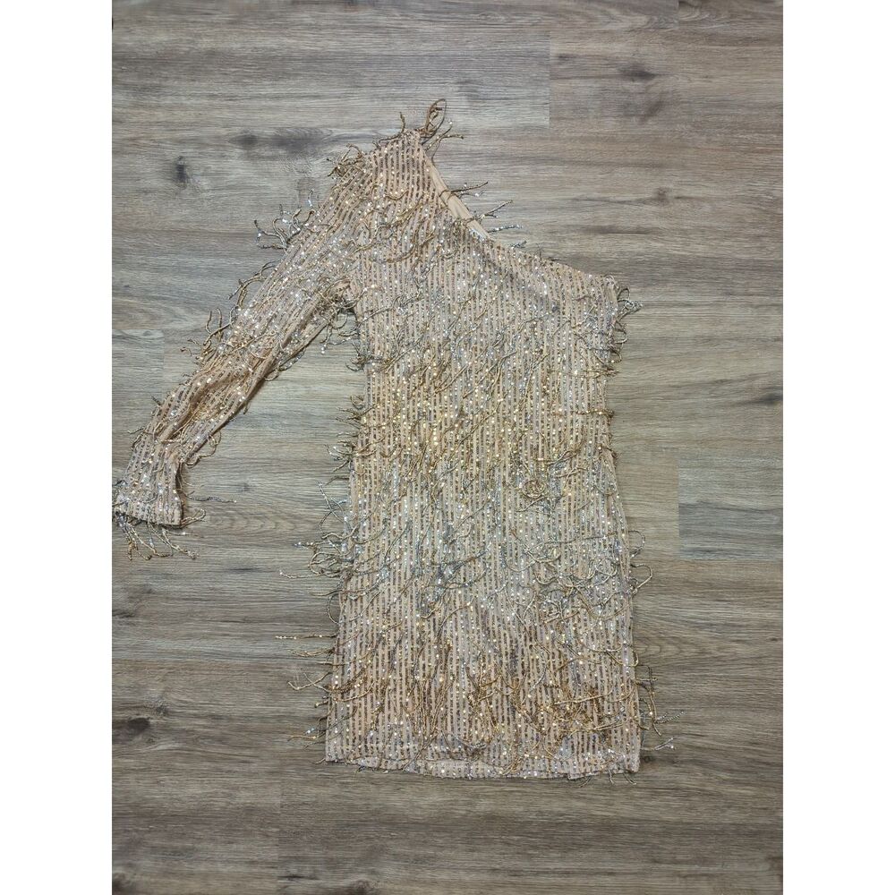 Fashion Nova Gold Sequin Fringe One Shoulder Mini Dress Women's Size L